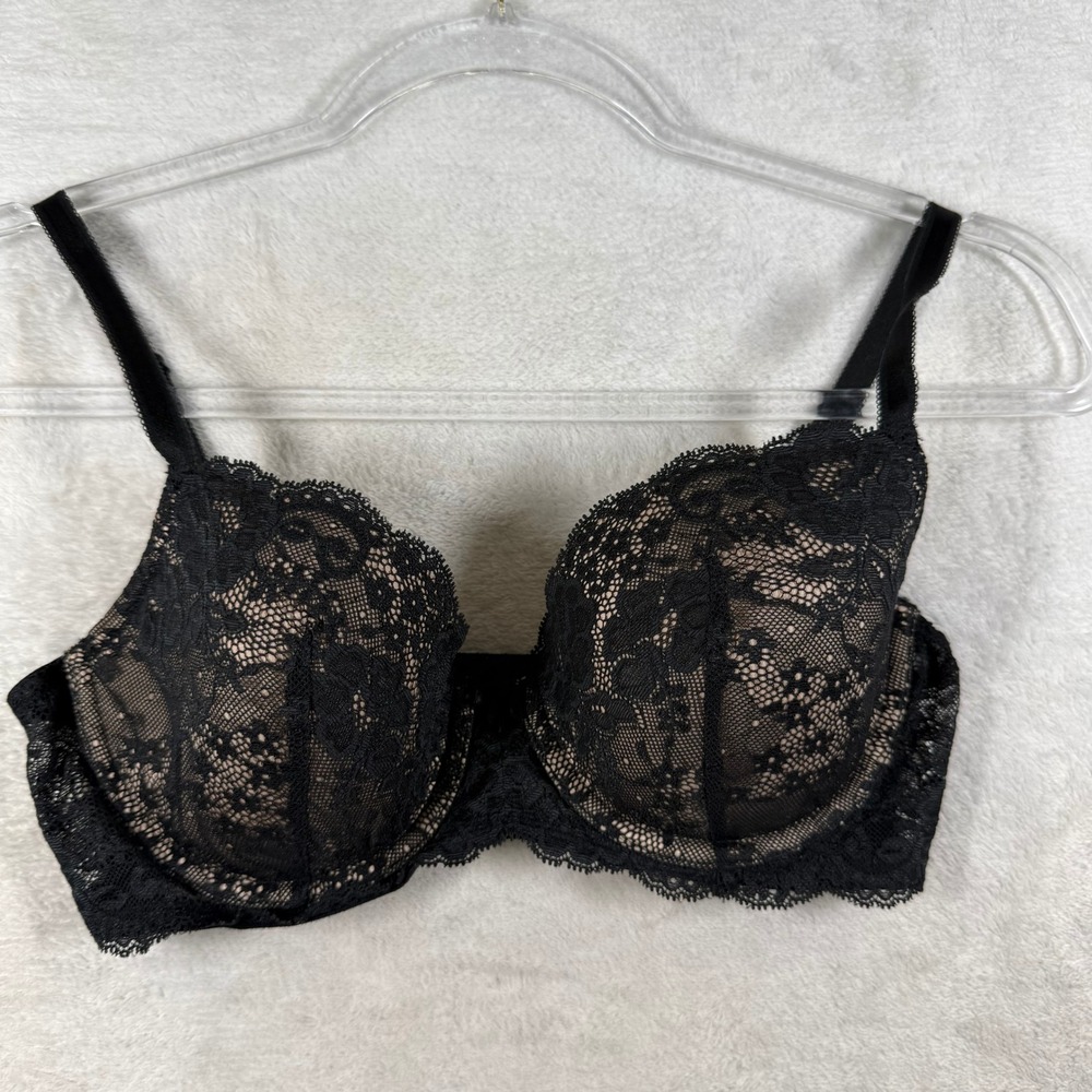 Victoria's Secret Angels Lined Demi Bra 34D Black Lace Underwire 506721